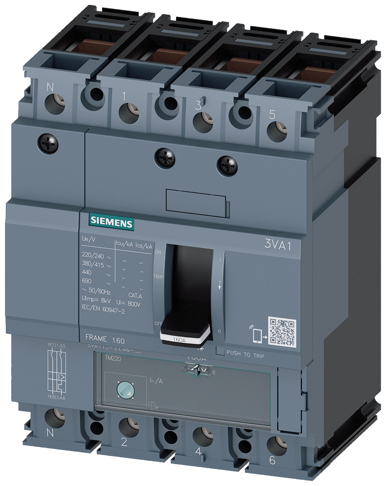 3VA1 IEC circuit breaker, Frame 160, breaking capacity class S, Icu = 36 kA at 415 V