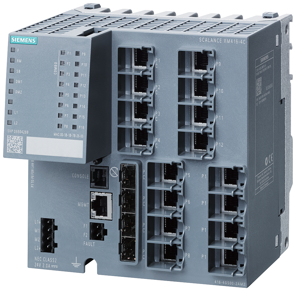 SCALANCE XM416-4C managed Layer 2 switch, 16 RJ45, 4 SFP, with 4 combo ports.