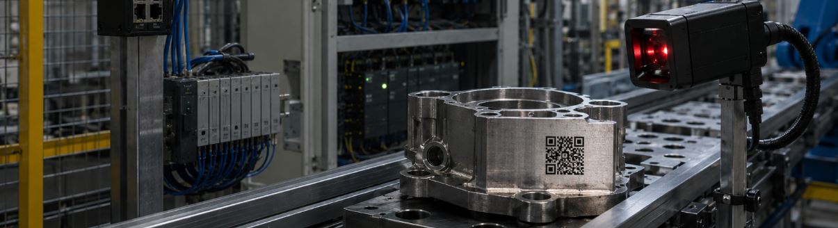 Línea de producción con una pieza metálica identificada, un sensor de lectura, un switch industrial y un cuadro de control para garantizar la trazabilidad